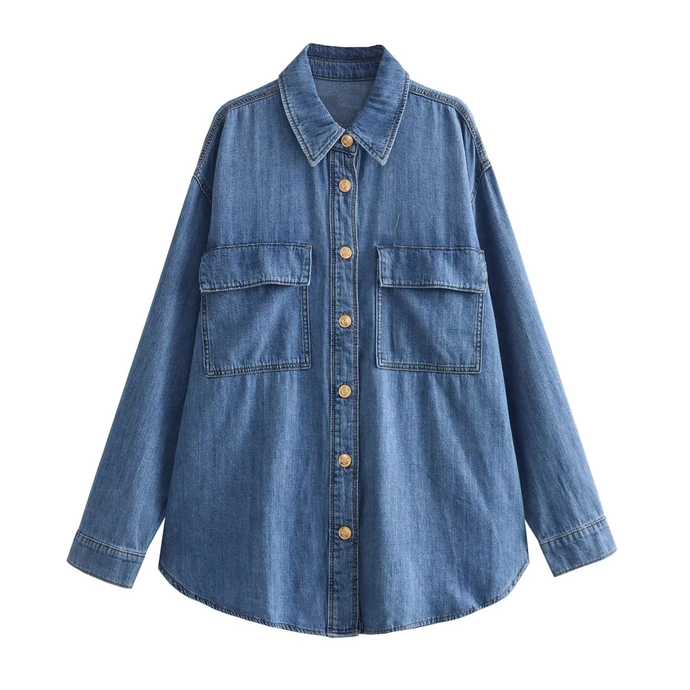 Pb&Za Women's Clothing Wholesale Autumn Denim Shirt with Pockets