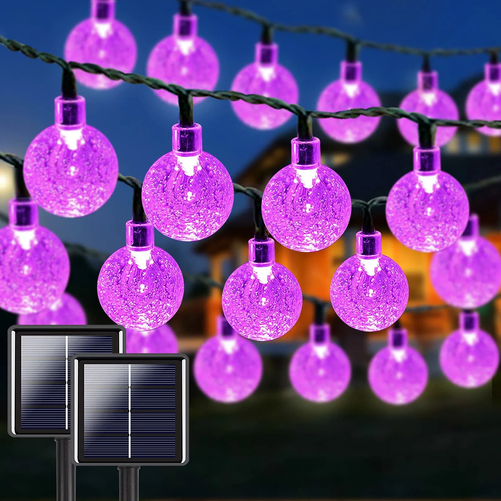 2-Pack 100 LED 64FT Crystal Globe Solar String Lights Outdoor LED