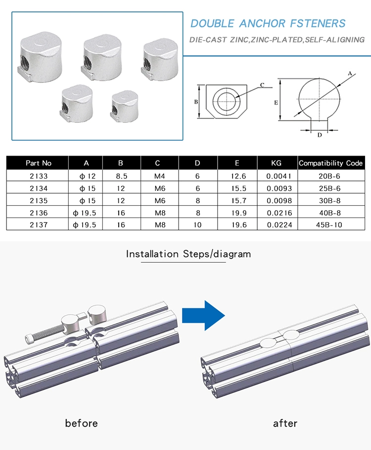 Fabricante de China 30*30 de la fundición de zinc sujetadores de anclaje doble Hardware para el perfil de aluminio 3030 /Workbench/Industria/Estante/ valla/Línea de montaje 20/25/30/40/45