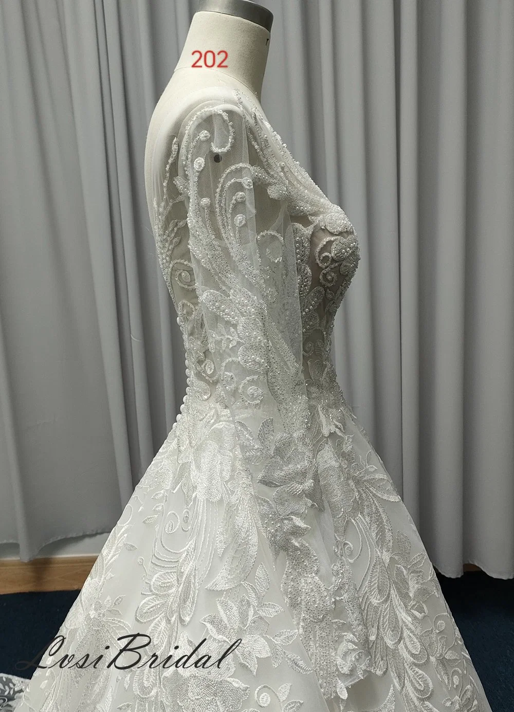 202 Illusion Bodice and Long Sleeve Wedding Dress Embroidered Beading Fashion Lace Bridal Gown Dress with Hot New Style Dress Directly Bridal Factory