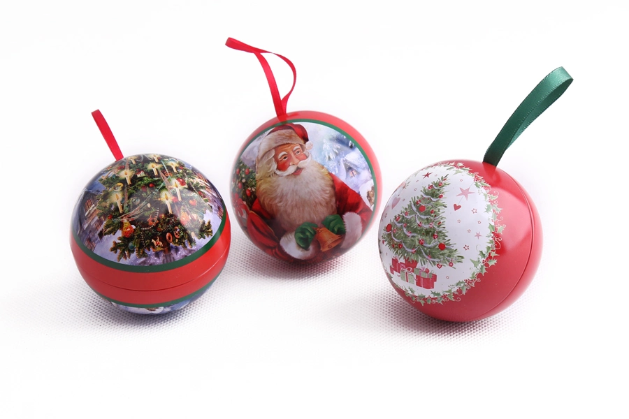 Metal Tin Ball with Ribbon for Christmas Gift Packaging Box