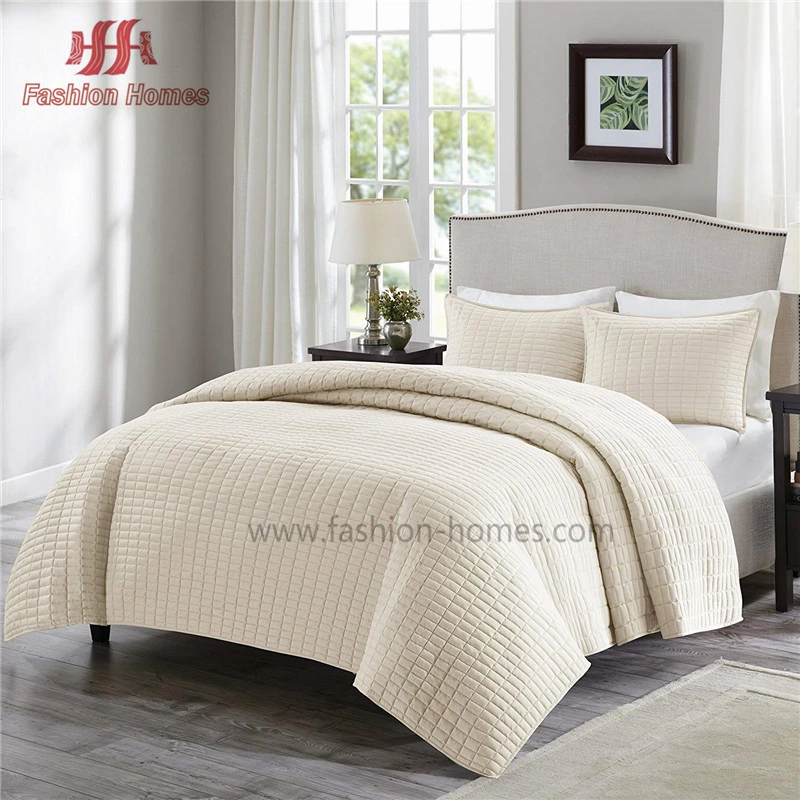 F-2114 Grey Checkered Style 100% Polyester Embroidery Quilt Bedspread Coverlet Set