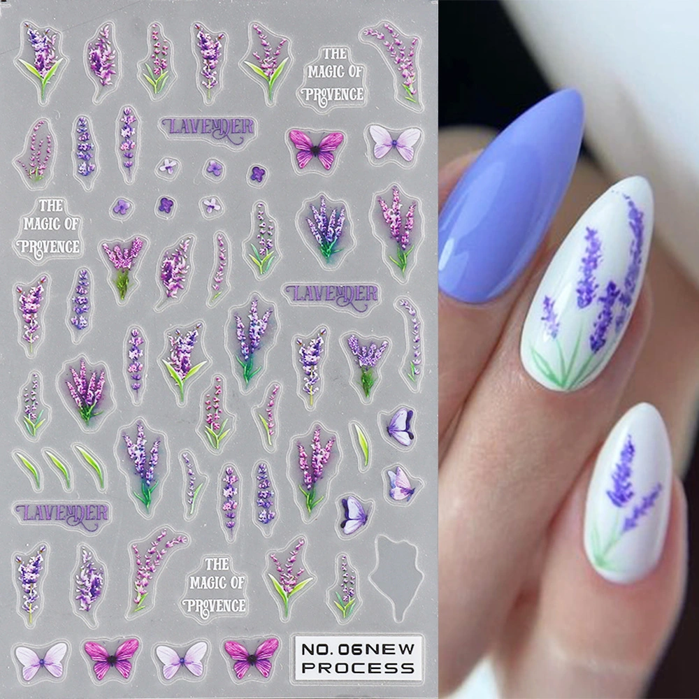 New Design Self Adhesive Nail Art Stickers Lavender Chamomile 5D Flowers Nail Decals