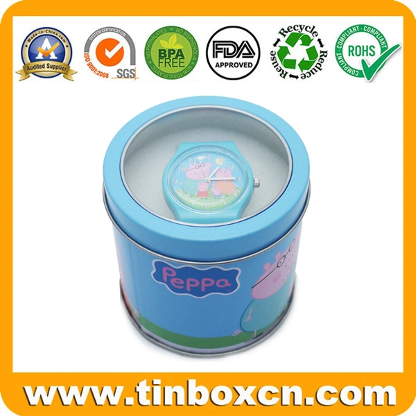 Empty Kids Gift Packaging Metal Watch Tin Case with Transparent Window