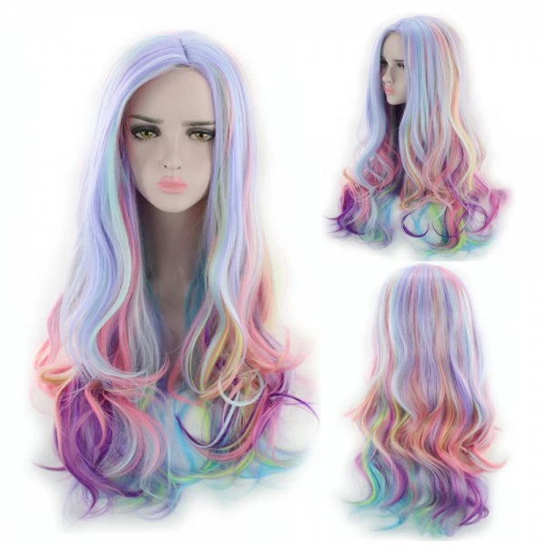 High Quality Long Hair Rainbow Color Fashion Nature Wave Synthetic Wigs