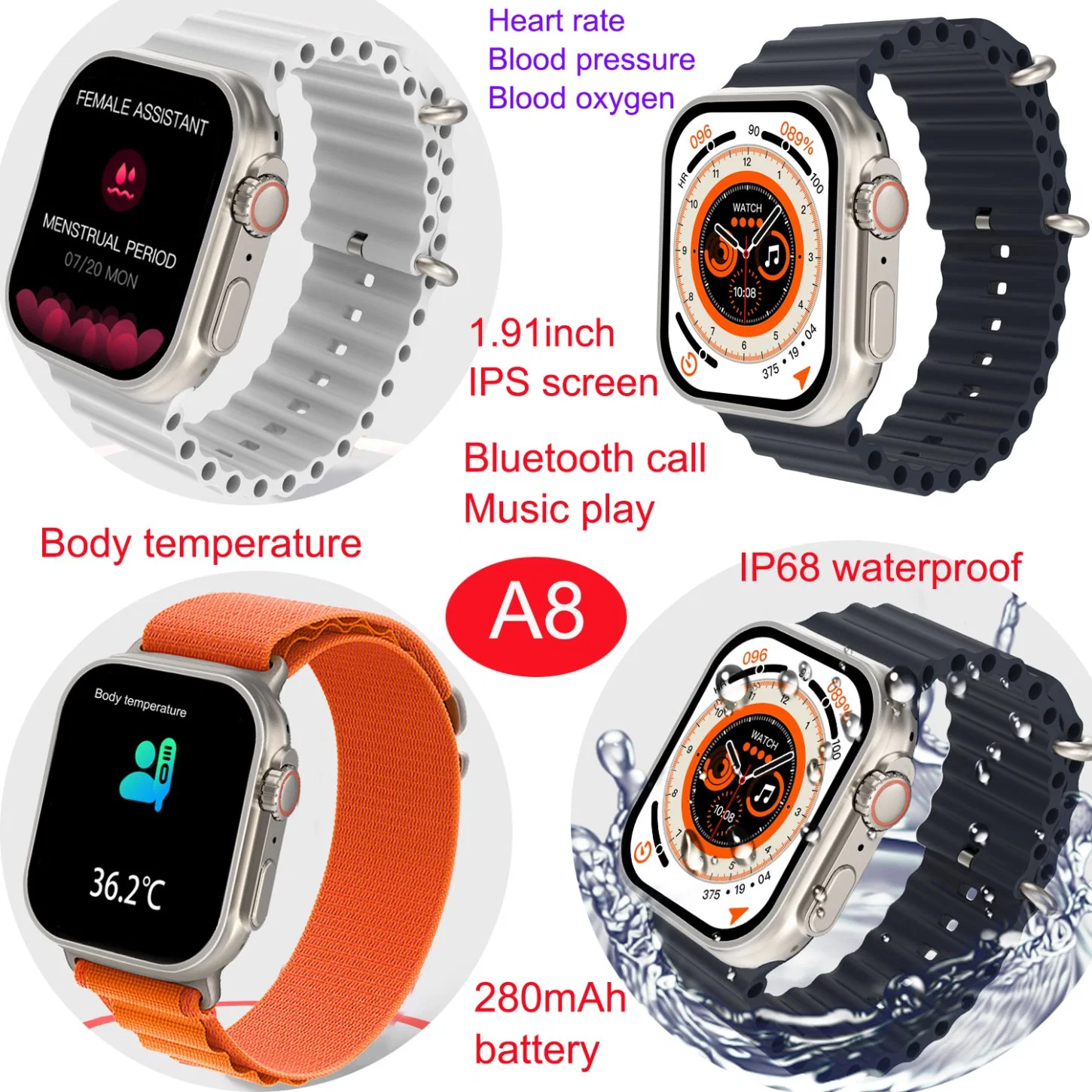 New Bluetooth call music play Smart watch with long battery life with heart rate blood pressure SPO2 body temperature A8