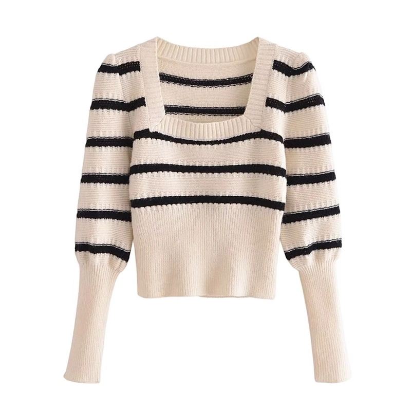 Pb&Za Women's Wholesale New Knitted Striped Puff Sleeve Sweater