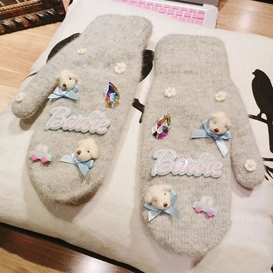 Winter Women Double Layer Rabbit Wool Daisy Flowers Bear Head Stylish Cute Cartoon Students Warm Gloves