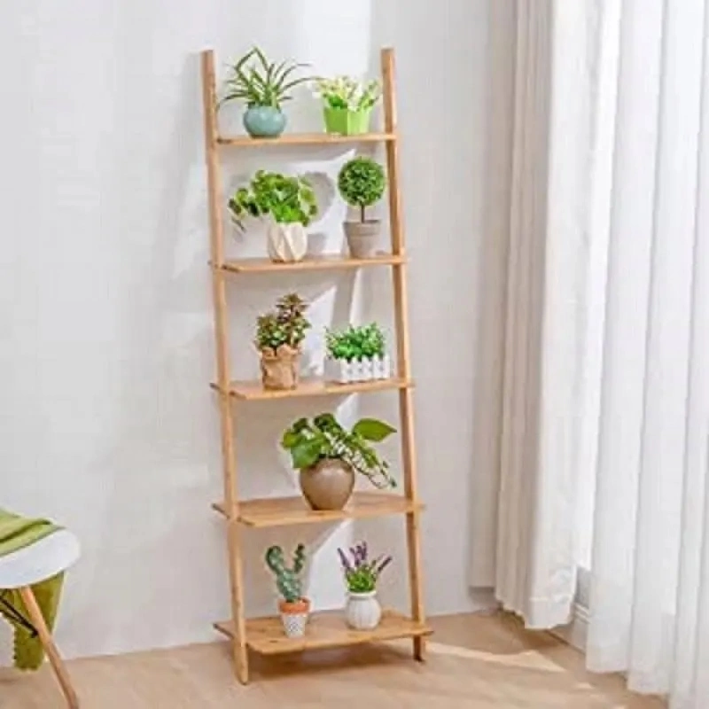 Bamboo Ladder Shelf 5-Tier Wall-Leaning Bookshelf Ladder Bookcase Storage Display Shelves for Living Room Kitchen Office