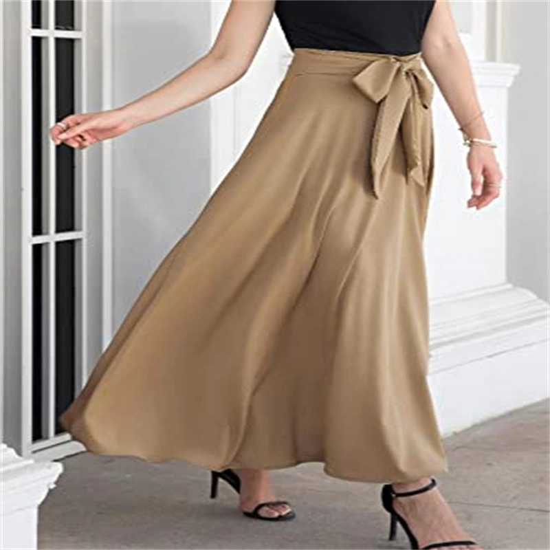 Womens Skirts High Waisted Tie Knot Front Pleated Swing Formal A Line Maxi Skirt with Zip Back