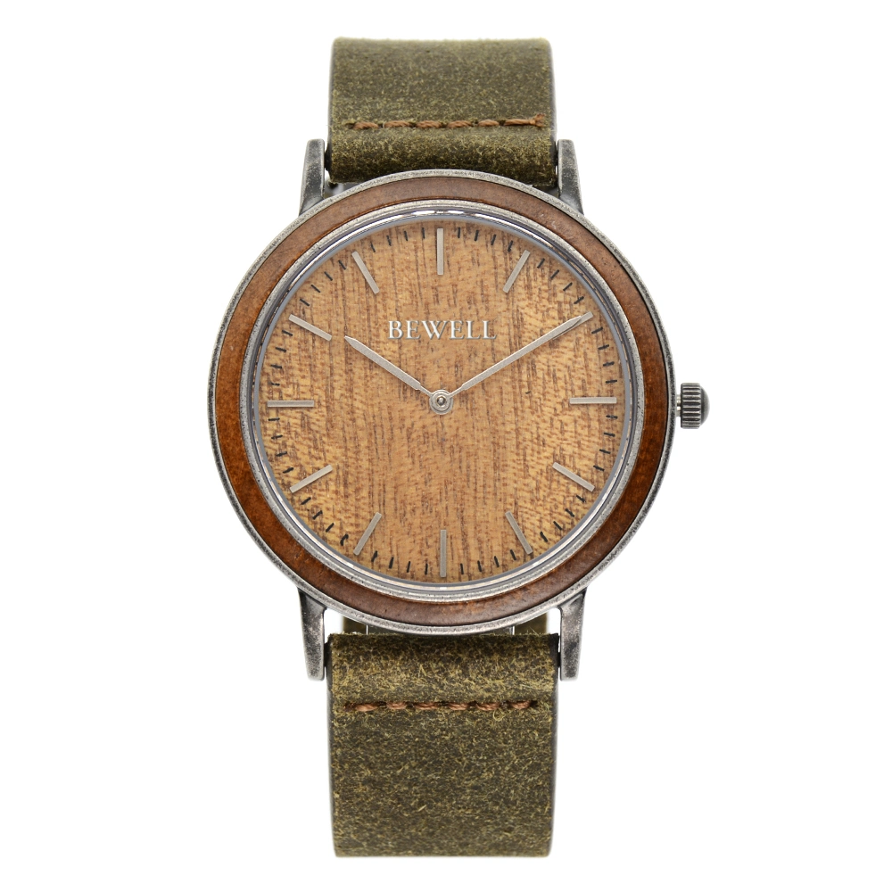 Bewell Fashion Gift Stainless Steel Genuine Leather Water Resistant Wrist Wood Watch