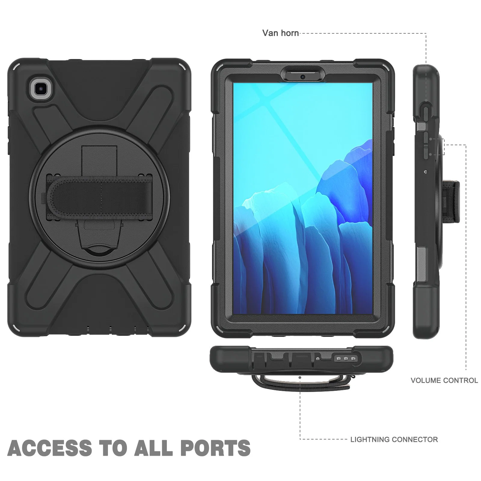 Heavy Duty Shockproof PC + Silicone Cover with 360 Degree Swivel Kickstand Handle Hand Grip & Shoulder Strap for Samsung Galaxy Tab A7 Lite 8.7-Inch