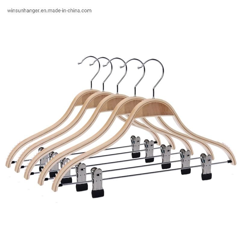 Fashion Laminnated Wooden Pants Shirt Cheap Hangers with Clips Logo Hanger