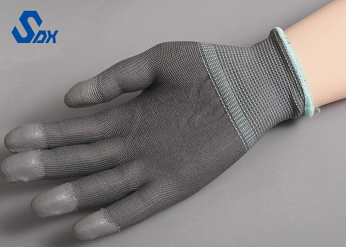 13G Grey Black Polyester Nylon Arbeitshandschuhe Black PU Palm Dipped Coated Protective Safety Hand Work Gloves