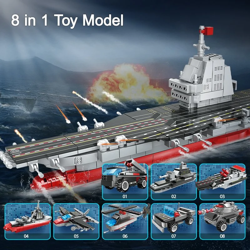 WOMA Toy C0173 Flugzeugträger Modell 8 in 1 Schlachtschiff Kriegsflotte Schiff Schlacht Schiffe Verwandeln Auto Hubschrauber Bausteine Ziegelset Plastikspielzeug