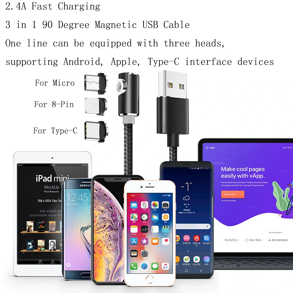 Micro USB Type C 8-Pin Elbow Magnetic Cable for iPhone/Samsung/Huawei/HTC