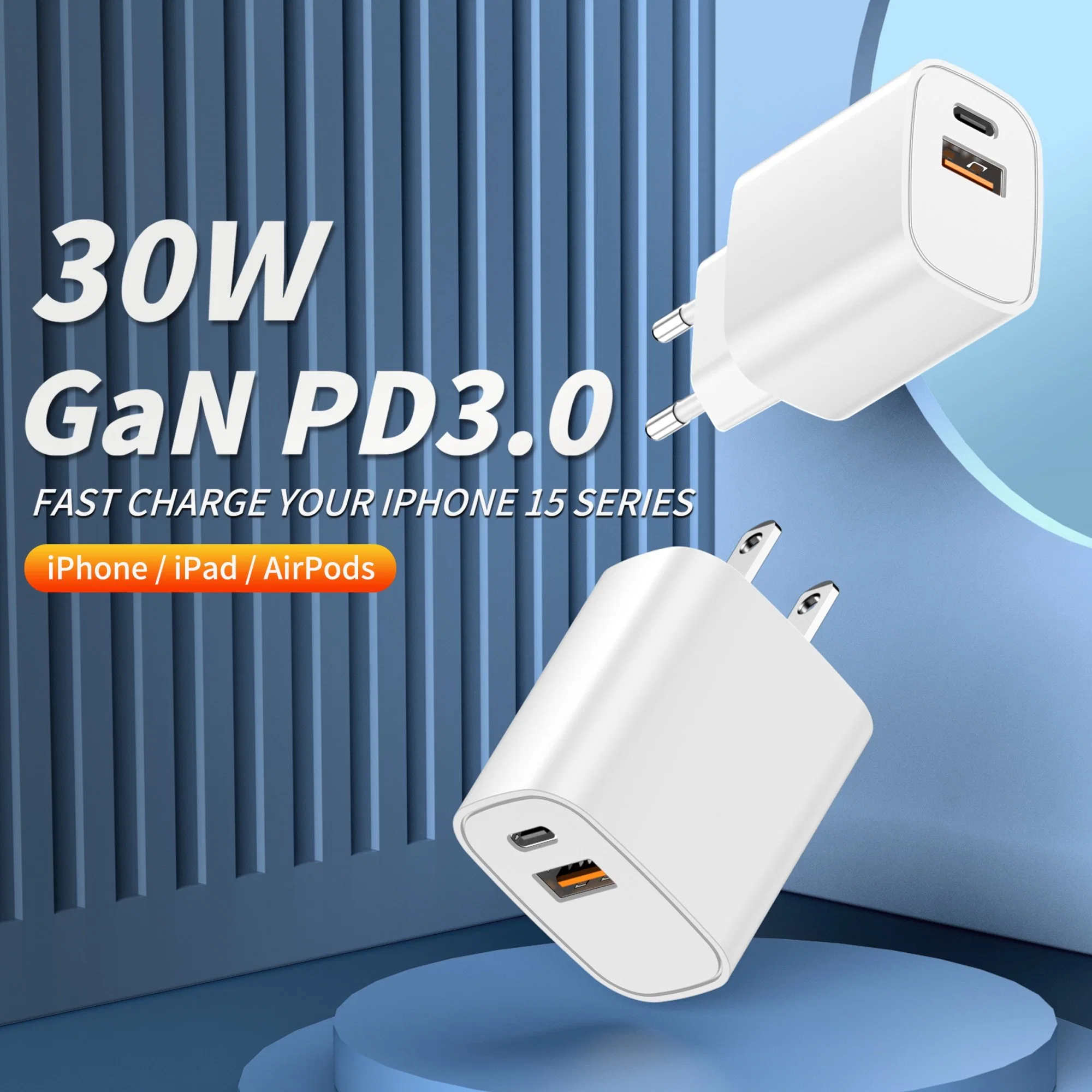 GAN Tech PD 33W 30W GAN PPS Fast Charger Adapter Cargador USB Mini USB C PD QC para móviles Teléfono iPad Tablet iPhone15