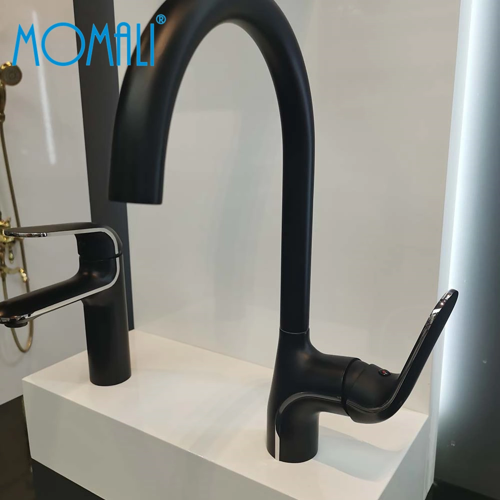 Momali Home Kitchen Vertical Tap Mixer Black Brass High Bend Deck Mounted Kitchen Faucet