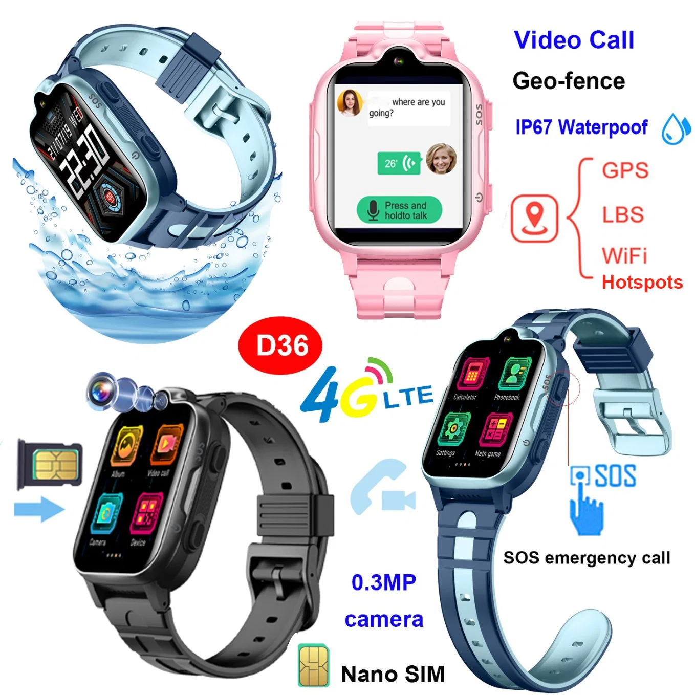 China Factory Supply New 4G IP67 Waterproof Kids Smart Reloj GPS con historial seguimiento Video llamada SOS para estudiantes Seguridad D36