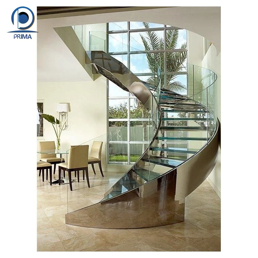 Modern Stylish Tempered Glass Steps Stainless Steel Frame Spiral Stairs Curved Staircase for Villa