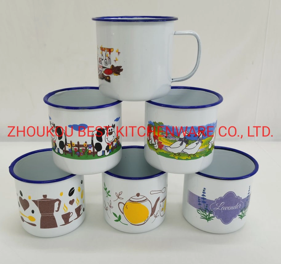 Blue Rim 390ml White Enamelware Mug with Verious Designs Enamel Cup