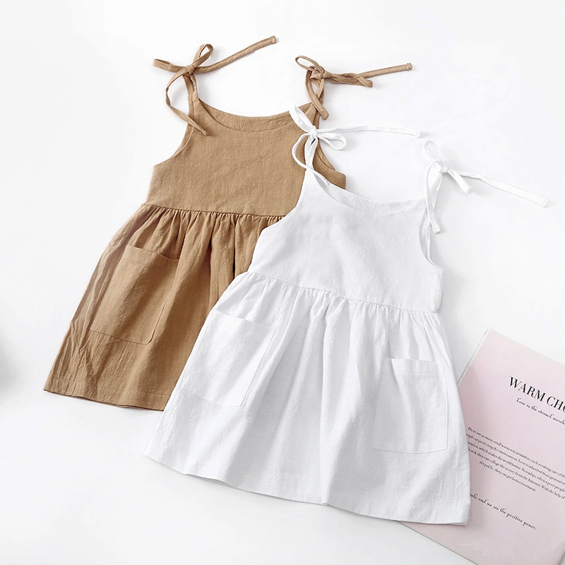 Summer Solid Cotton Linen 2 Side Pocket Suspender Dress