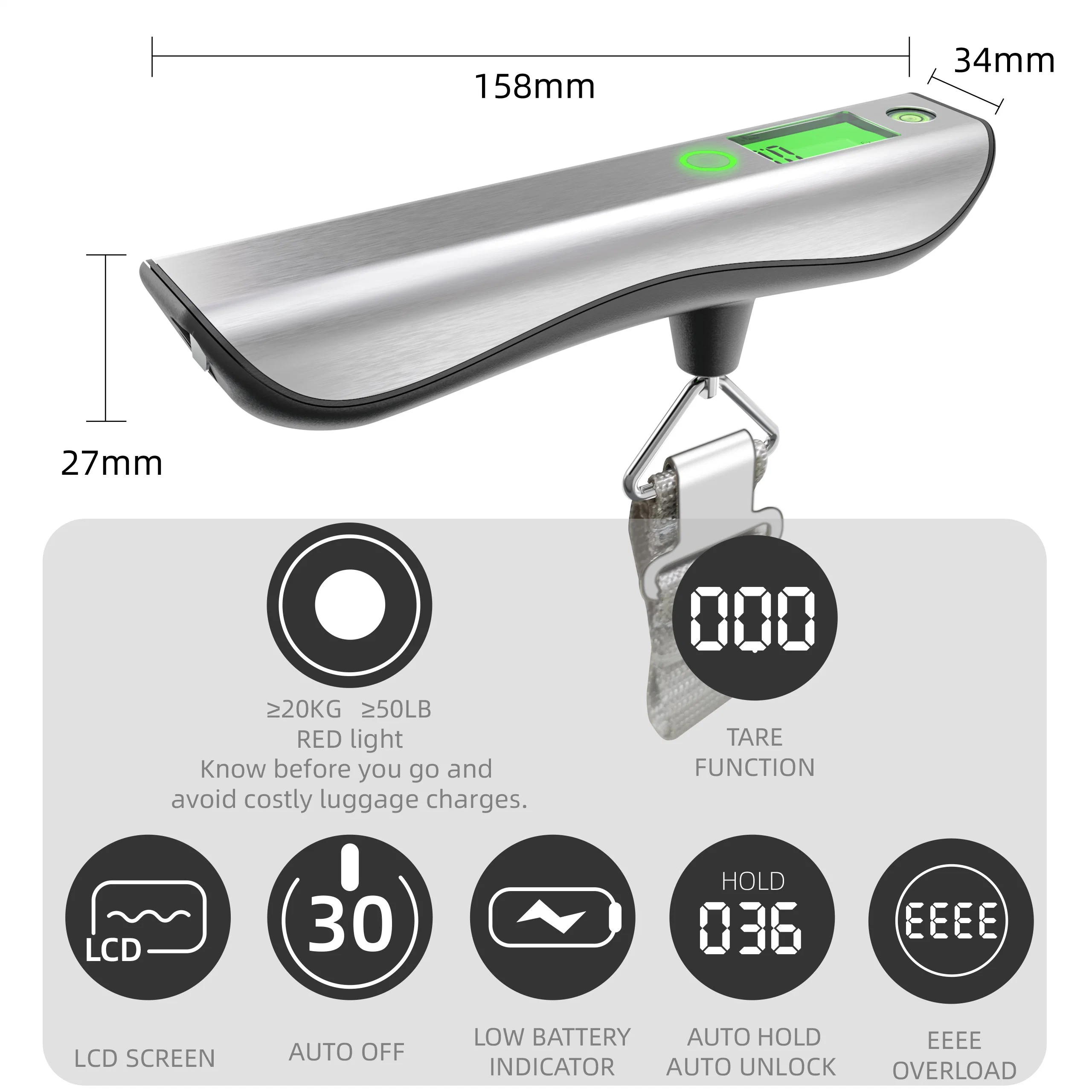 AAA Battery 50kg 50g Stainless Steel Luggage Scale with Tapeline