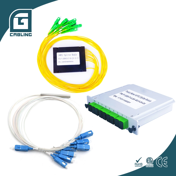 Gcabling de telecomunicaciones de fibra óptica FTTH Optique 1X2 1X4 1X8 1X16 1X32 Fbt PLC Caja divisora Sc conector LC Splitter de fibra óptica