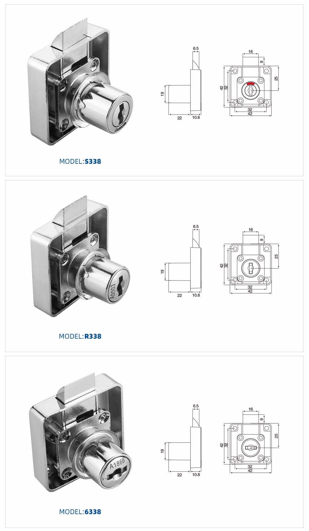 6338 High quality/High cost performance Zinc Alloy Computer Key Drawer Lock for Cabinet Door with Automatic Spring Lock Latch