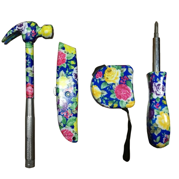 Floral Printed Metal Hand Tool Sets Including Hammer, Tape Measures, Scissors and Utility Knife Hand Tools