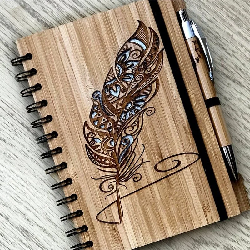 Laser Engraved Feather Bamboo Notebook Personalised Exercise Book Eco-Friendly Stationery