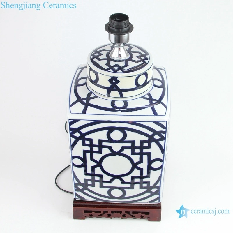 Blue and White Porcelain Square Copper Money Geometrical Motif Ceramic Table Lamp Bedside Reading Light