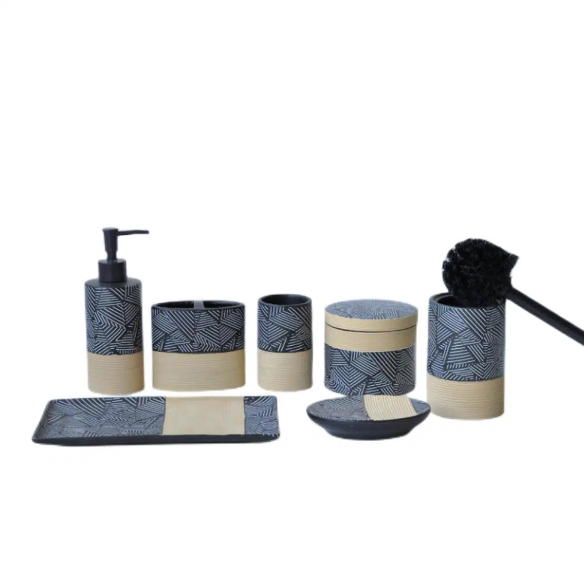 Tropical Hotel Bathroom Products Black Ceramic Bathroom Accessories Set Engobe Decoration Tumbler Bathroom Products