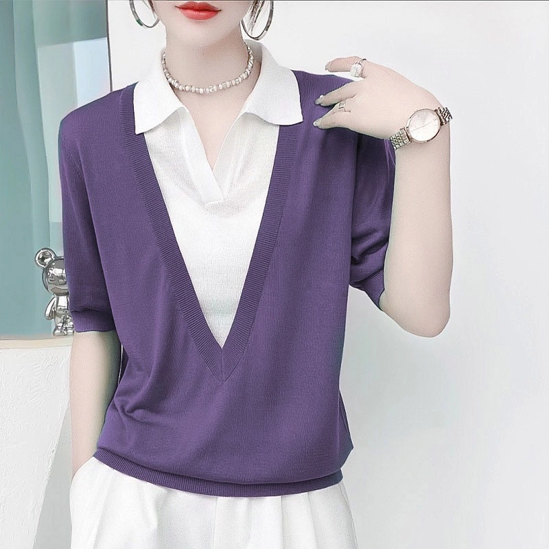 Foreign Style V Half Open Polo Lapel Color Knitted Shirt Female 2023 Summer Clothes New Soft Waxy Loose Thin Model Blouse