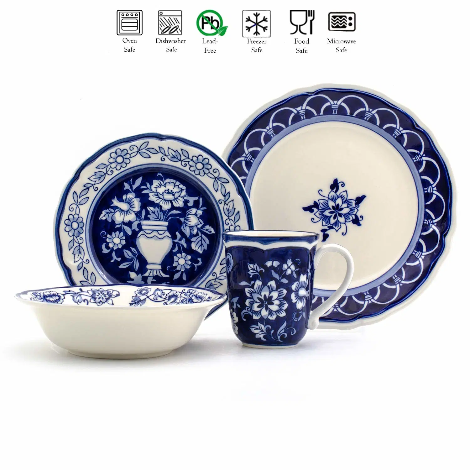 Osso grossista China Dinnerware Set Home Ware Euro Ceramica Blue Garden 16 Pedaço Forno Cofre pintado à mão Dinnerware Grés Setporcelain Jantar Set