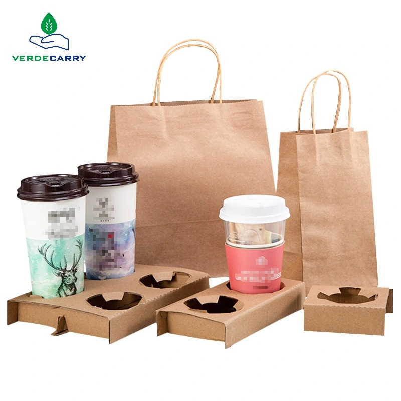 Whole Sale Takeaway Coffee Drink Milk Tea Disposable Cup Holder Packaging Food Kraft Paper Bag Custom Logo