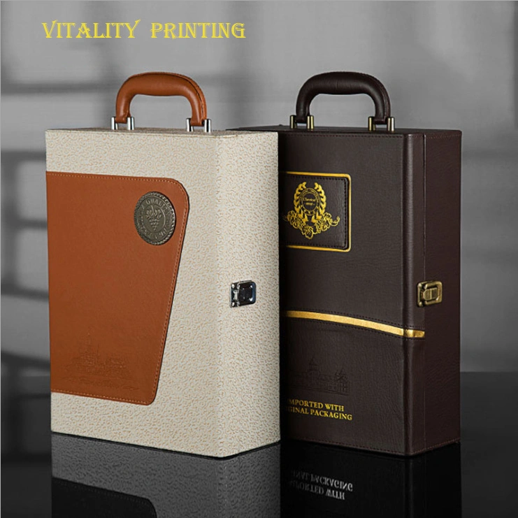 Custom Wholesale/Supplier Luxury Europe Style Classical Portable PU Leather Wine Packaging Box Liquor Wooden Gift Packing Box/Spot Leather Case/Two Bottles Package