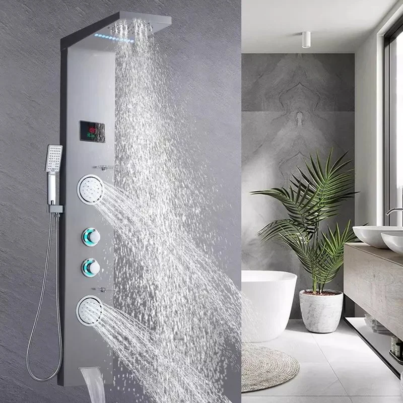 LED Shower Panel Bathroom Wall Mounted Stainless Steel Waterfall Brushed Shower Column Set Tower Massage Body Jets LED Shower Panels