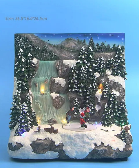 Polyresin Painting Mountain/Village Scene with Tree Animated LED Music House Ornament