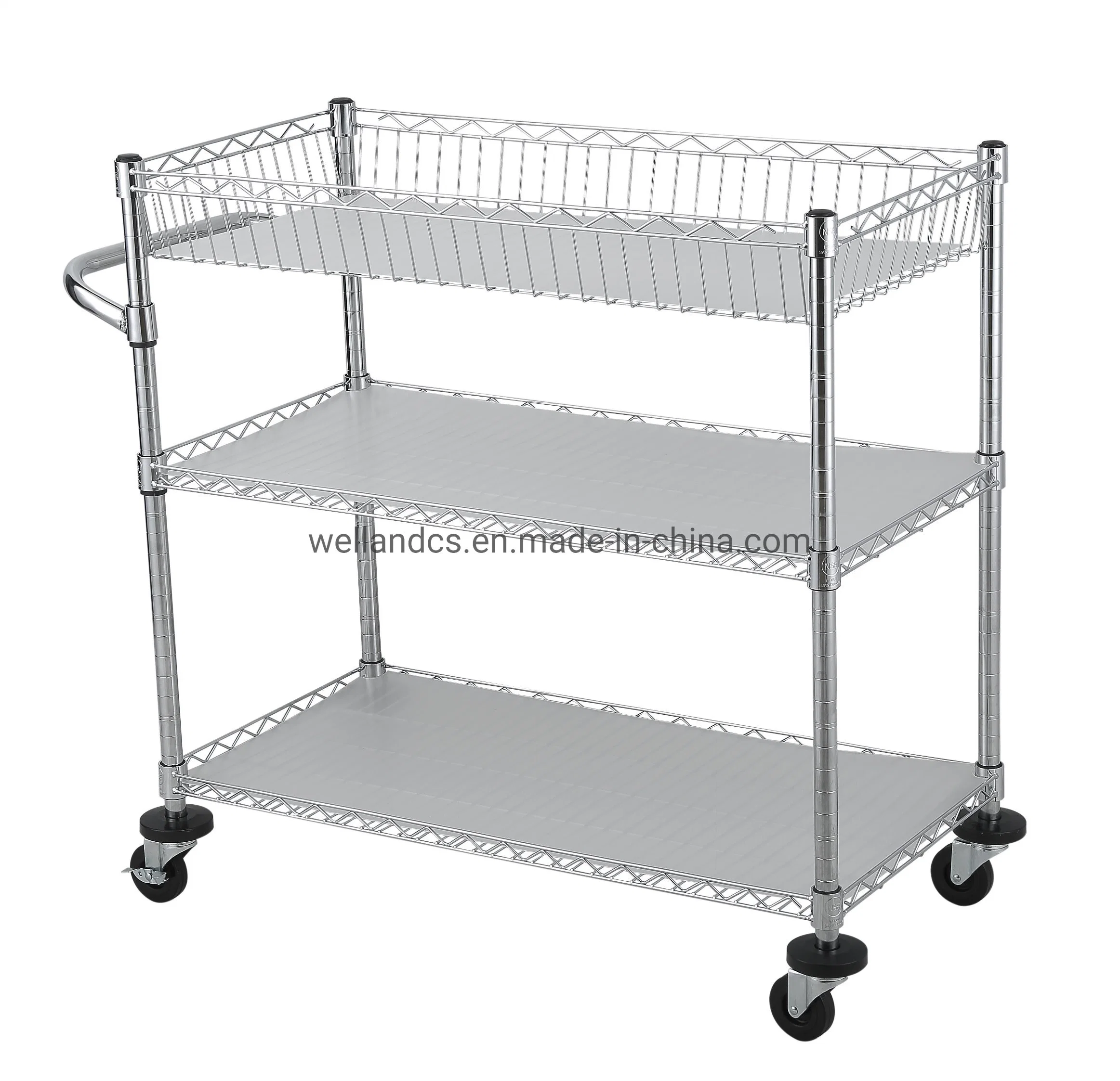 Industrial Heavy Duty Storage 3 Tiers Adjustable Chrome Steel Rack Trolley Cart with Baskets