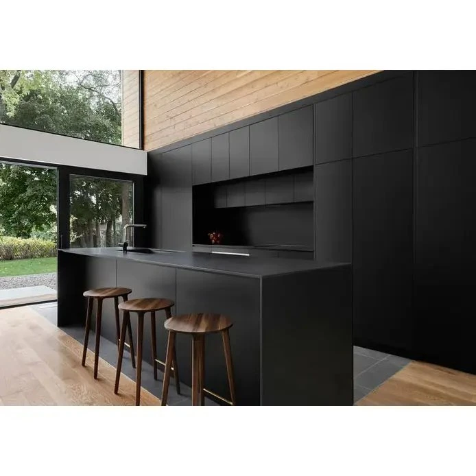 New Modern Kitchen Design Cabinet Matte Black Finished Lacquer Flat Panel Complete Kitchen Cabinet with Island