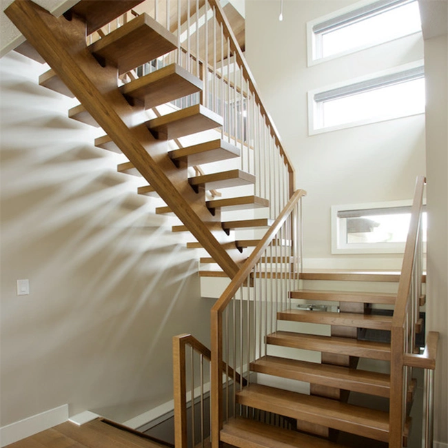 Prima Home Decoration Steel and Wood Straight Staircase with Glass Railing for Villa or Apartment