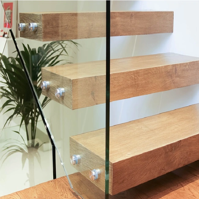 Space Saving Easy Install Interior Stair Treads Modern Stairs Design Glass Railing Floating Staircase LED Hidden Steel Stringer Wood Stairs