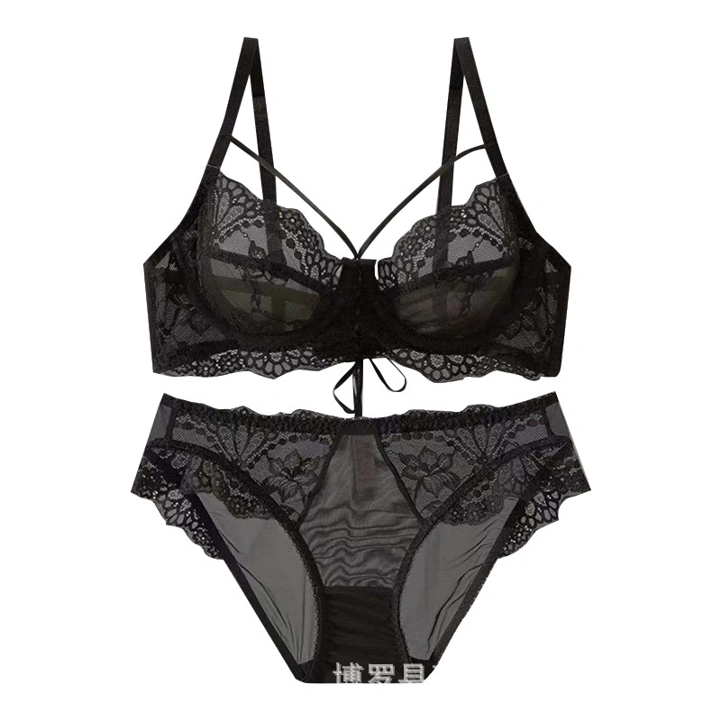 Ensemble de lingerie sexy personnalisé en dentelle légère rose transparente pour femmes, soutien-gorge et sous-vêtements.