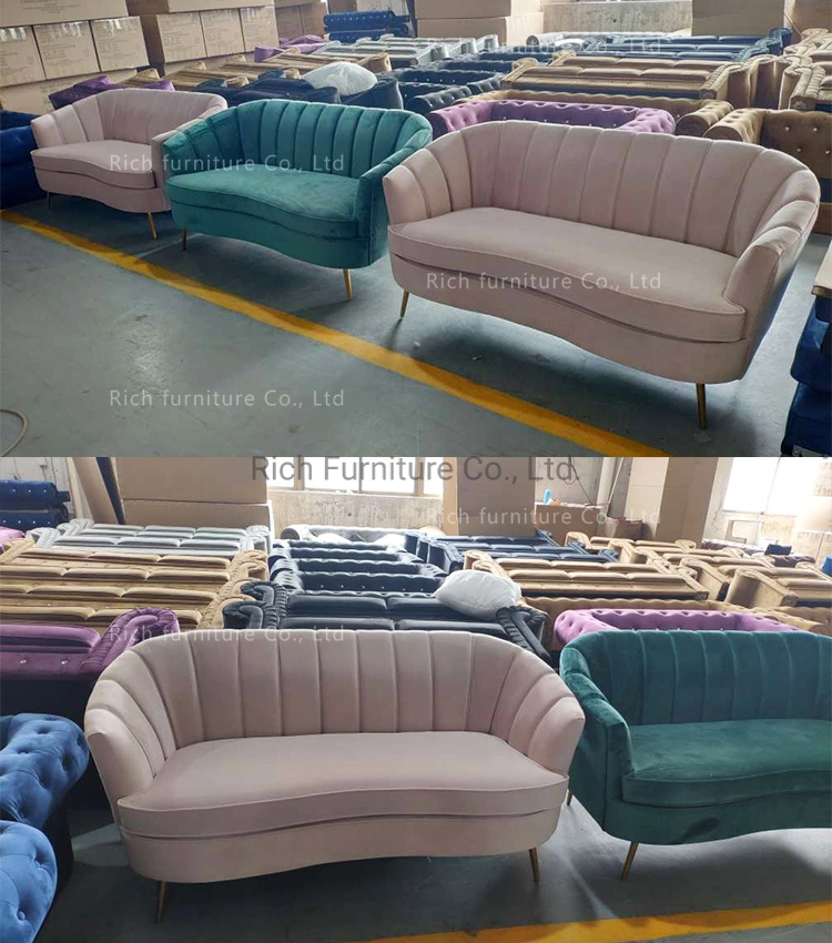 Living Room Furniture Baby Pink Sofa Set Fabric Sofa Shell Shaped Sofa with Metal Legs for Hotel Office Event Home