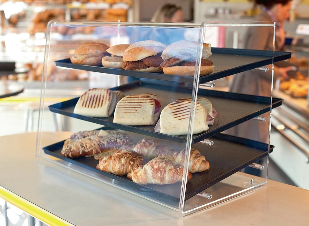 Acrylic Product Display for Food Advertising Magazine Counter Sneeze Guard -3 Tier Shelf Material: Acrylic+Inox Size: 310*340*300hmm