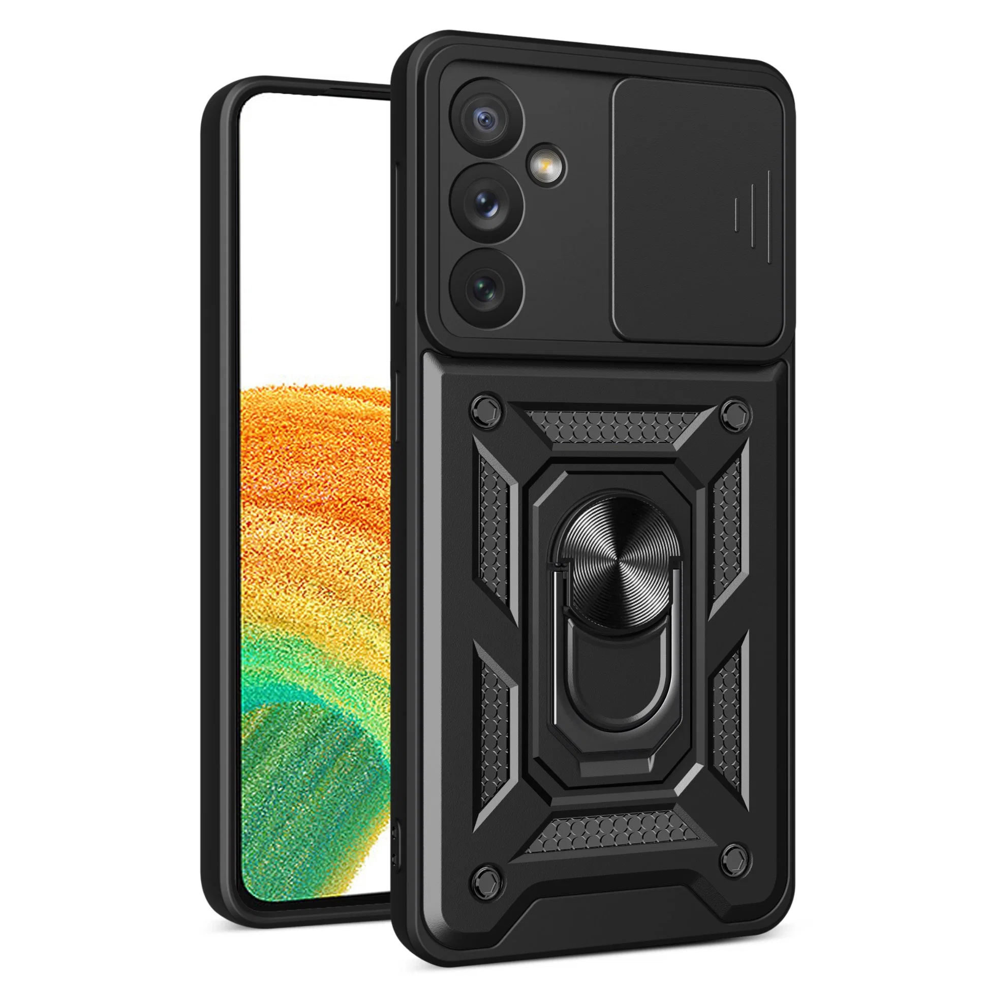 Para Samsung Galaxy A34, TPU à prova de choque de 5 g e suporte de PC Case Ring Estojo traseiro anti-riscos do protetor da câmara deslizante - Preto