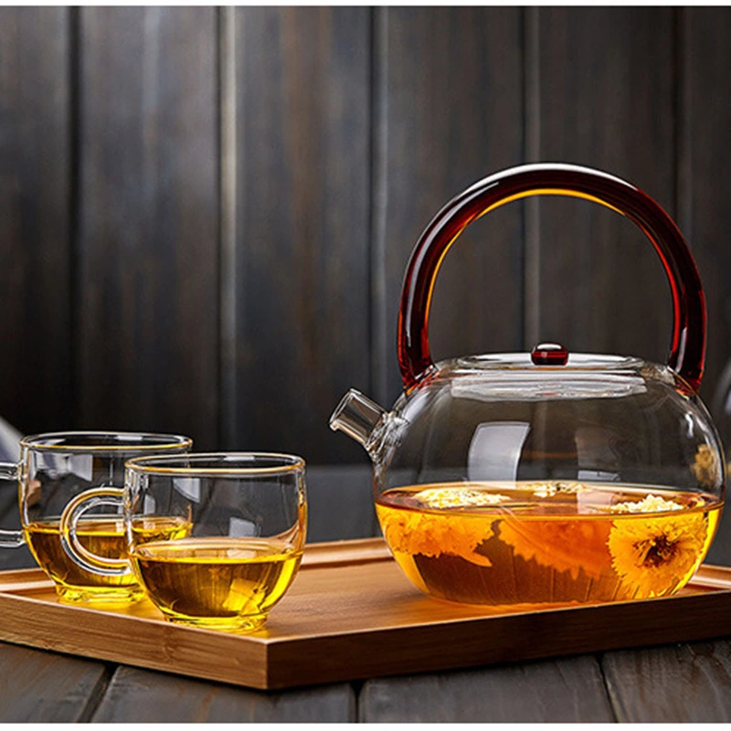 Borosilicate Hand Blown 800ml Glass Clear Tea Pot with Color Handle