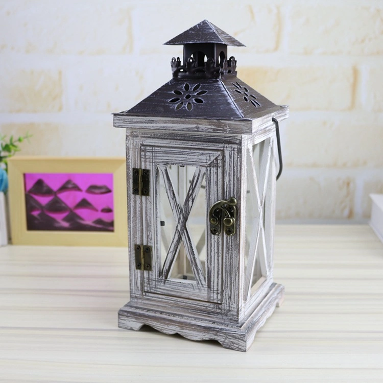 Retro Wooden with Metal Lantern Candle Holder Home Decoration