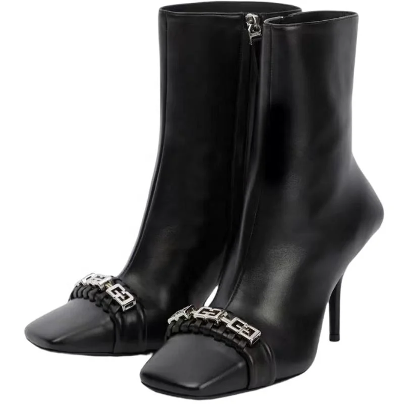 Invierno Nuevo diseño de puntera cuadrada delgado tacón alto tobillo para mujer Botas Zapatillas para mujer Zipper-up cadena de metal Stiletto tacones botines Para las mujeres